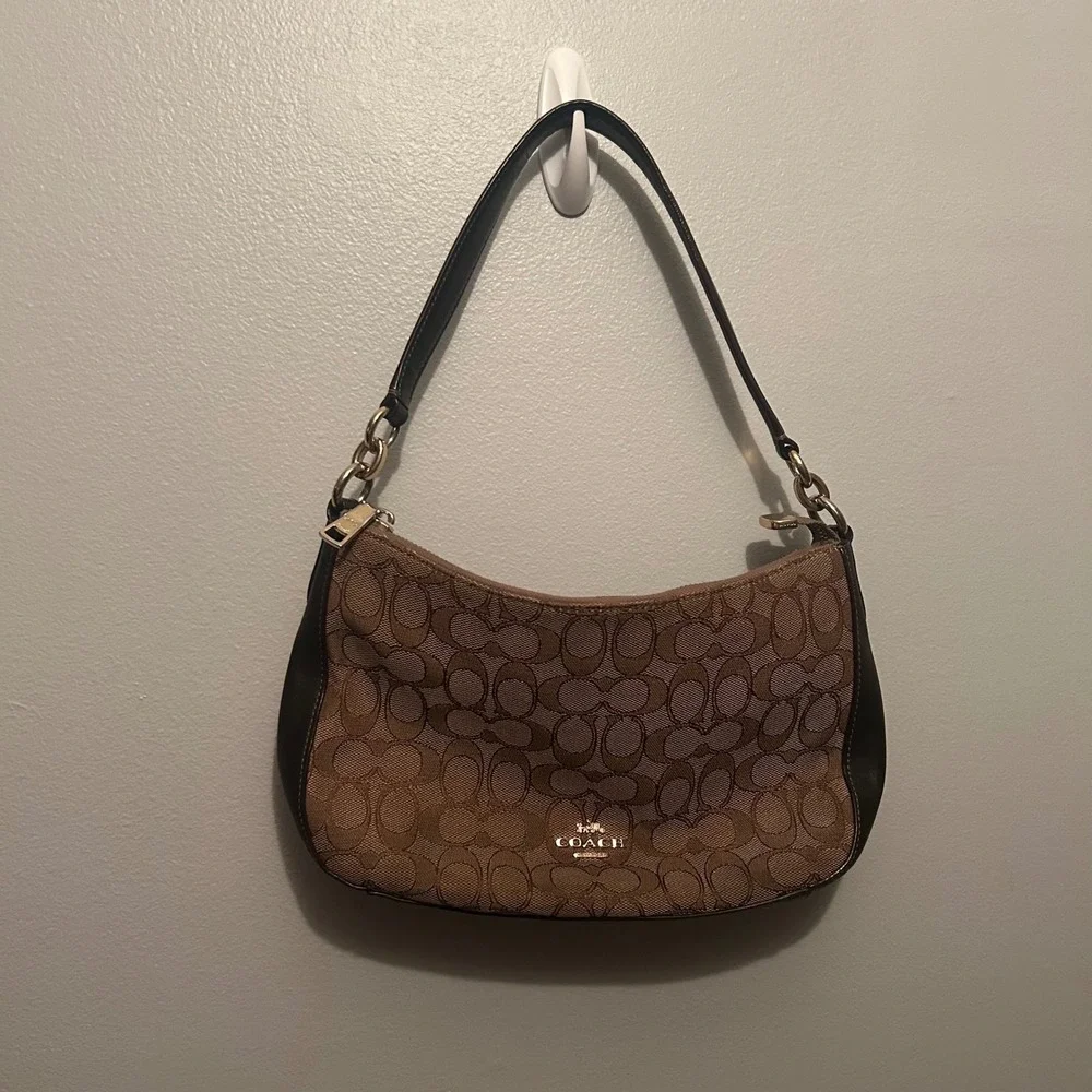Coach Shoulder Bag Womens Small Brown Signature Canvas Leather Trim 37584 Chesea